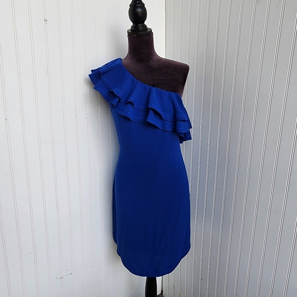 APT. 9 Women's One Shoulder Embroidered Ruffle Dress Blue Lined $54 Royal Sz M - Picture 2 of 11